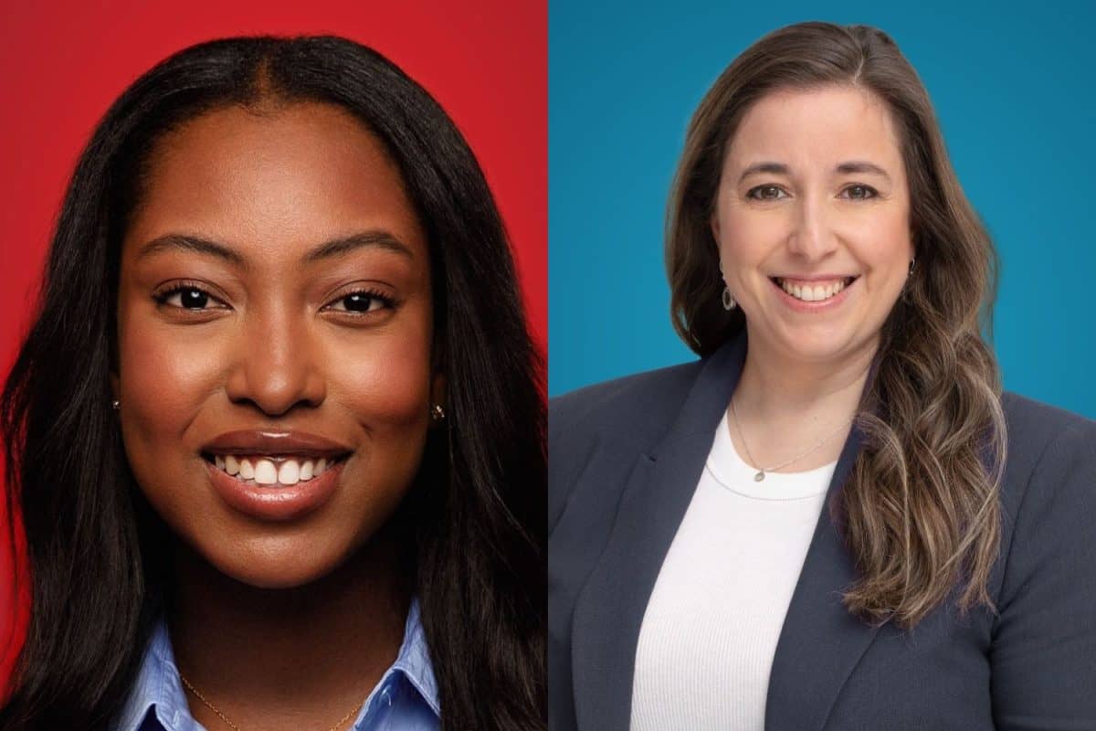 Montage de photo avec Tatiana Auguste à gauche sur un fond rouge et Nathalie Sinclair-Desgagné sur un fond bleu à droite.