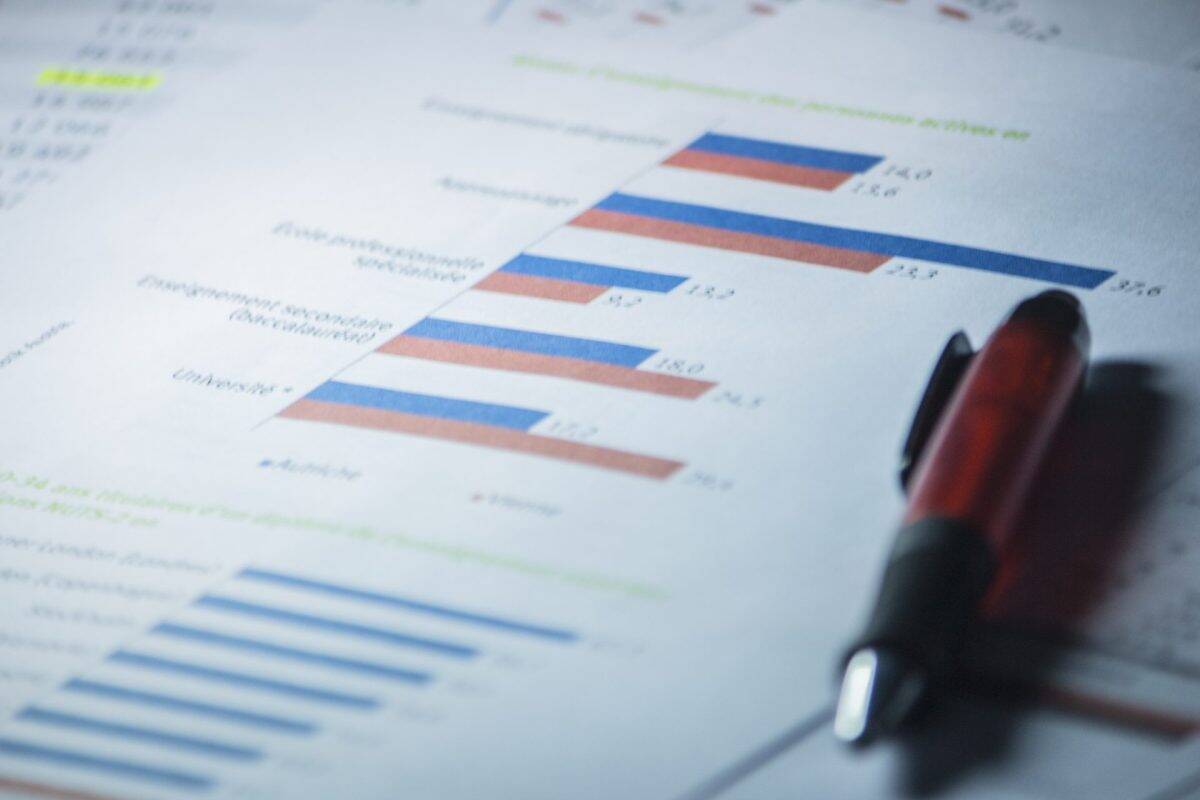 Document imprimé présentant des graphiques à barres bleues et rouges, avec un stylo posé en diagonale au premier plan.