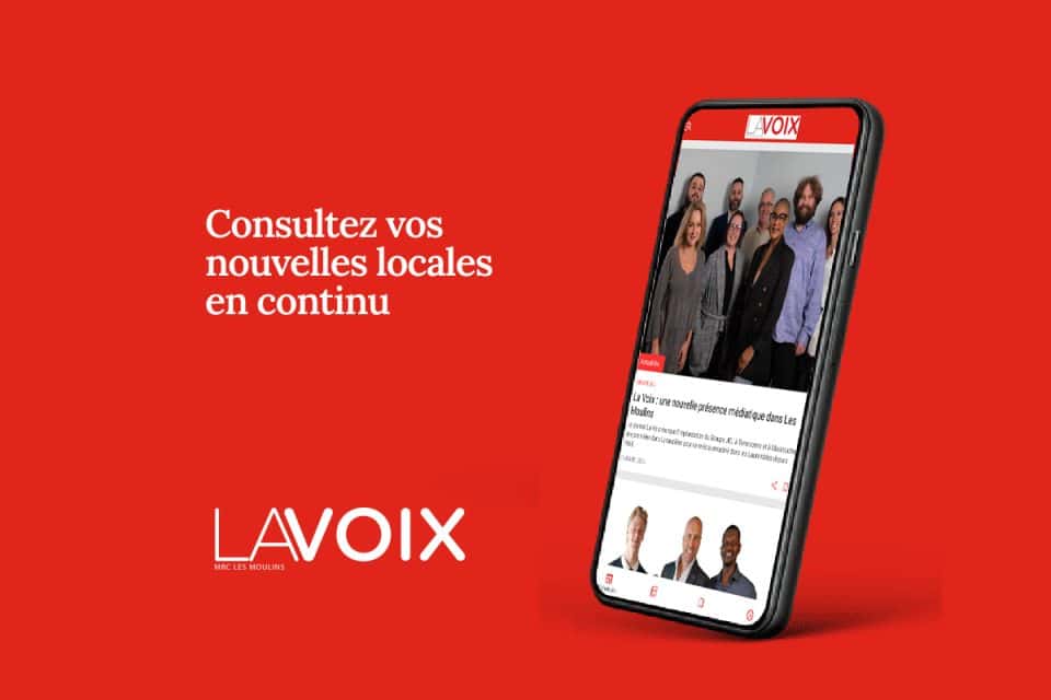 Mobile présentant l'application du journal La Voix sur fond rouge avec mention "Consultez vos nouvelles locales en continu"