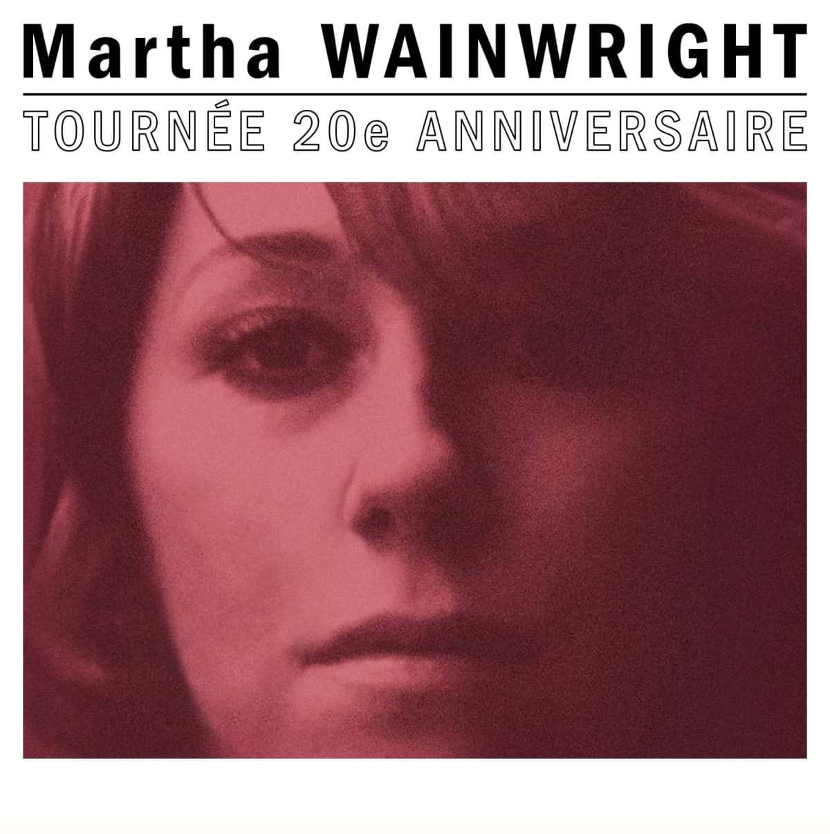 Affiche promotionnelle avec portrait en teinte rouge et texte annonçant une tournée anniversaire, sur fond graphique minimaliste.