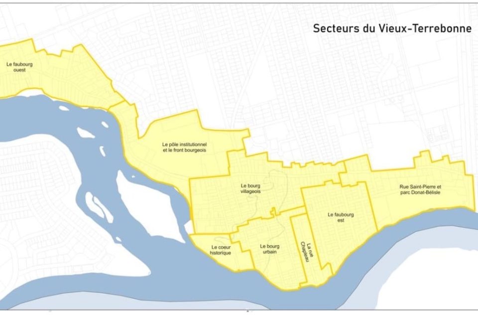 Carte des secteurs du Vieux-Terrebonne illustrant les limites de plusieurs zones, dont le cœur historique, le bourg villageois, le faubourg est et ouest, le long d’un cours d’eau.