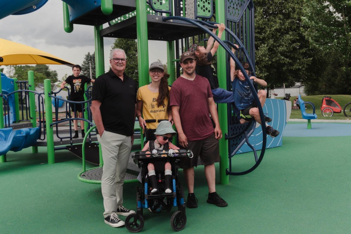 Aire de jeux moderne aux structures vertes, enfants grimpant, dont un en fauteuil roulant au premier plan